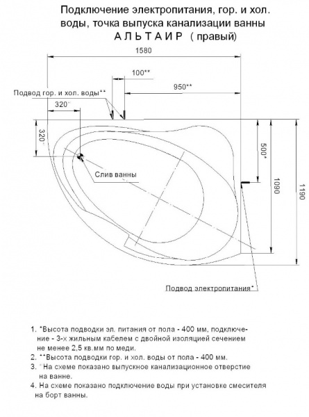 Ванна акриловая Aquatek АЛЬТАИР  160x120 см. правая 
