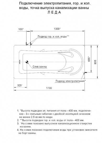 Ванна акриловая Aquatek ЛЕДА  170x80 см. 