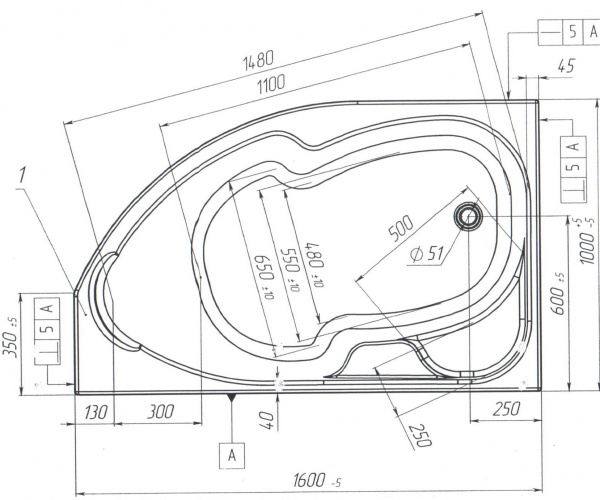 Ванна акриловая 1Marka DIANA 01ди1610л 160x100 см. левая 